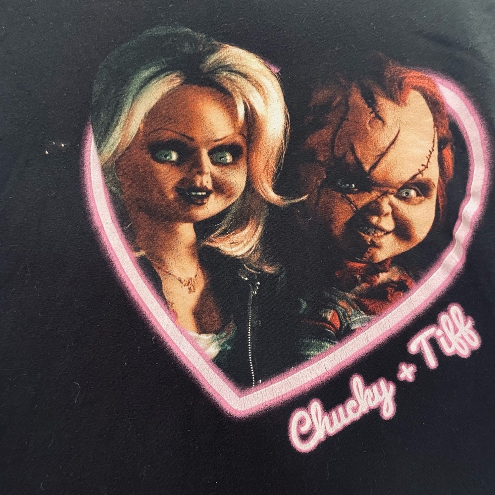Child's Play Chucky & Tiffany Heart Unisex Tee, Black  M adults - Picture 2 of 9